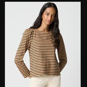 J.CREW Puff-Sleeve Button-Back top | Small | Camel Black Stripes Long Sleeve NEW